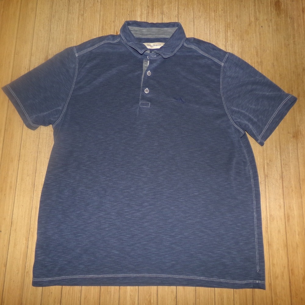 Tommy Bahama Mens XL Blue Slub Knit Polo Shirt Marlin‎ Logo XL